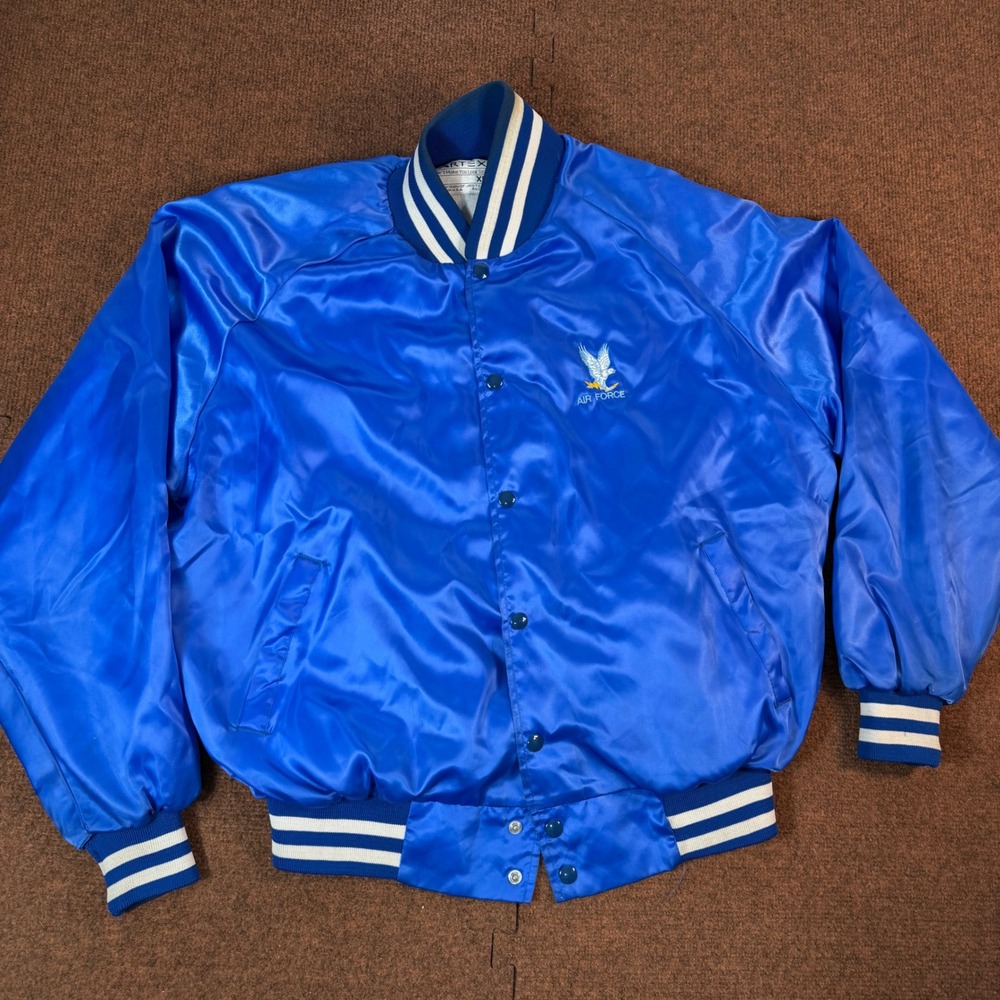 Artex Air Force Satin Varsity Bomber Jacket Mens XL Blue Snap Front Made in USA